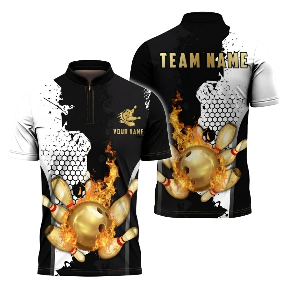 Custom Flame Gold Black Bowling Jersey For Men, Custom Flame Bowling Team Shirt BZ0852