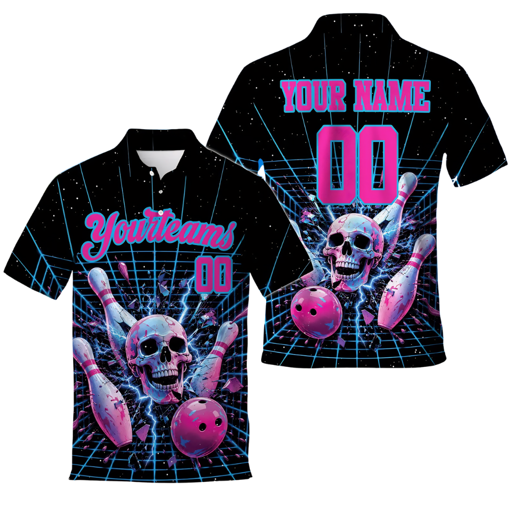 Custom Skull Bowling Mens Polo Shirt Black Pink, Custom SKull Bowling Team Shirts BE0248