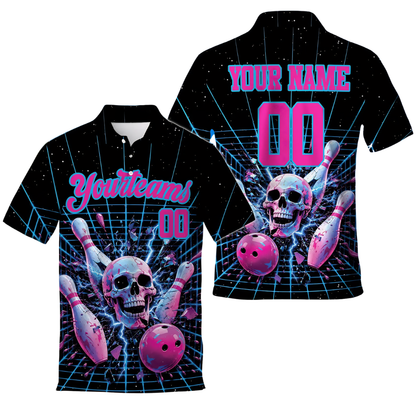 Custom Skull Bowling Mens Polo Shirt Black Pink, Custom SKull Bowling Team Shirts BE0248