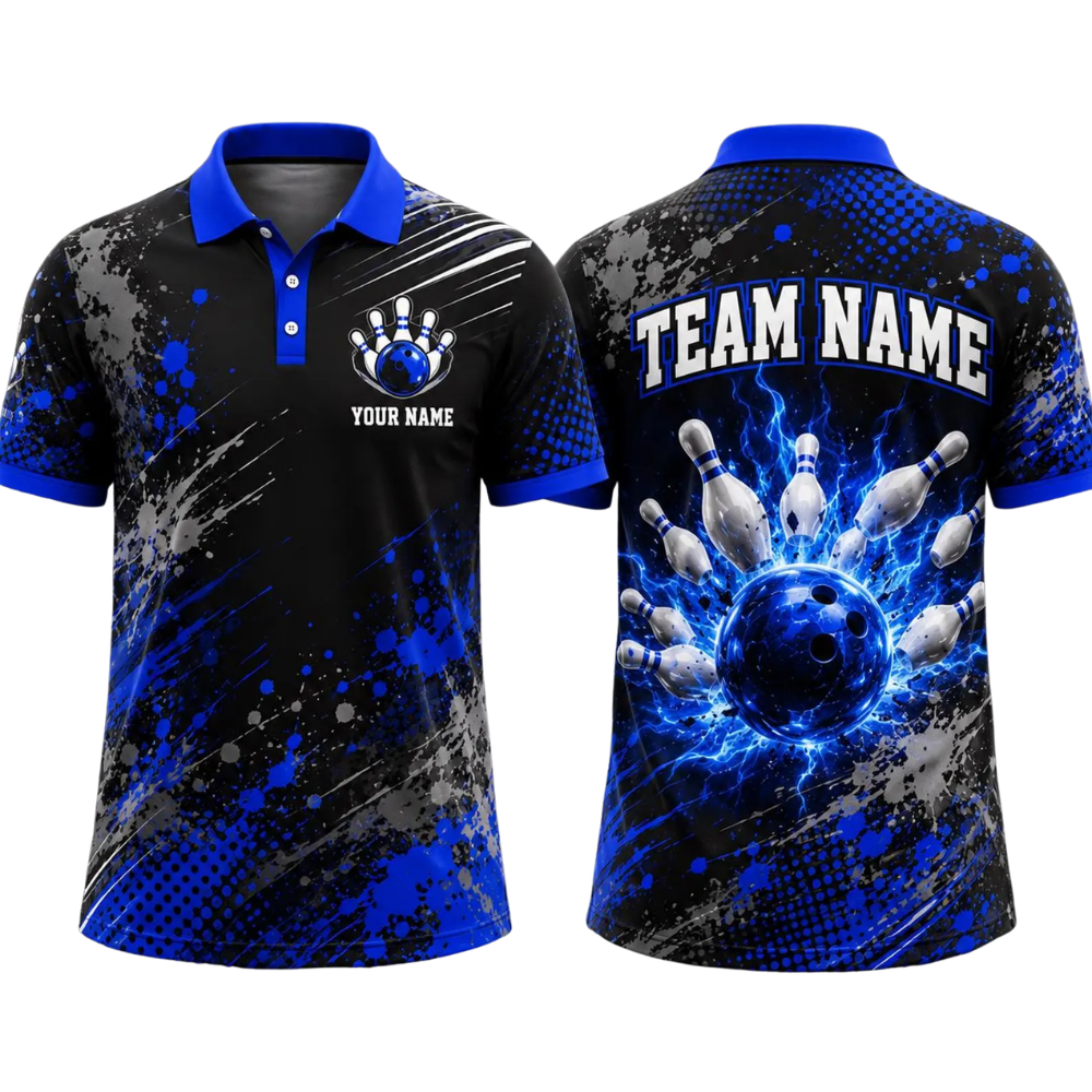Custom Blue Thunder Bowling Polo Shirt For Men, Custom Team Bowling Shirts BE0241