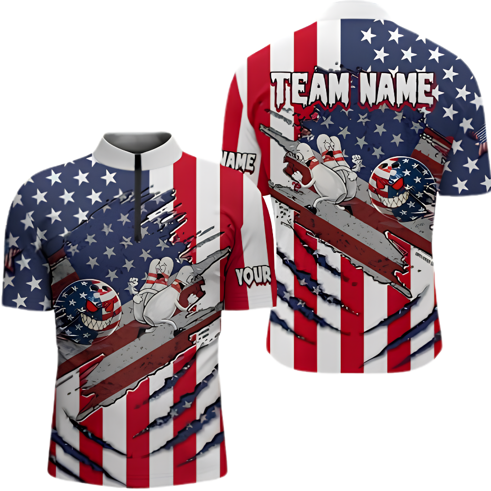 Funny Pins And Ball Custom American Flag Bowling Jersey For Men, Custom Patriotic Bowling Team Shirt BZ0900
