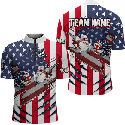 Funny Pins And Ball Custom American Flag Bowling Jersey For Men, Custom Patriotic Bowling Team Shirt BZ0900