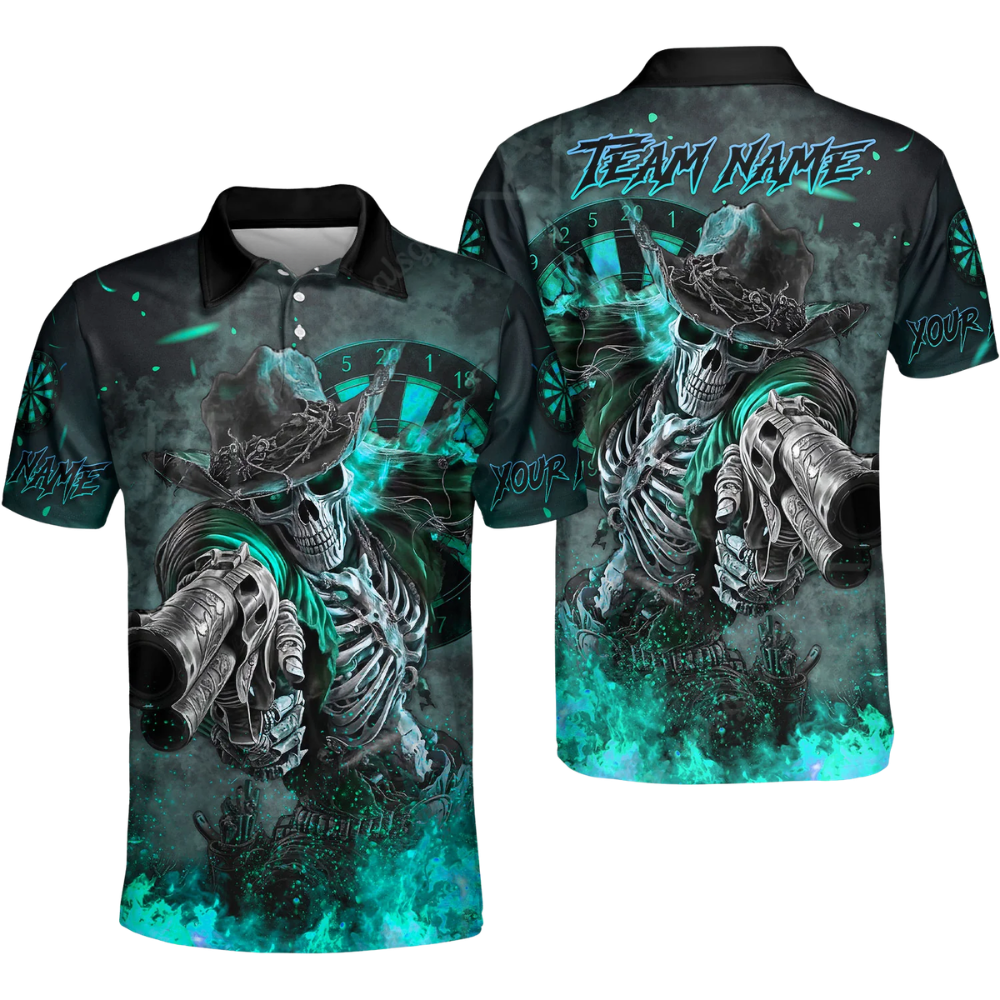 Custom Skeleton Cowboy Dart Polo Shirt For Men, Custom Skull Darts Team Shirts DZ0097