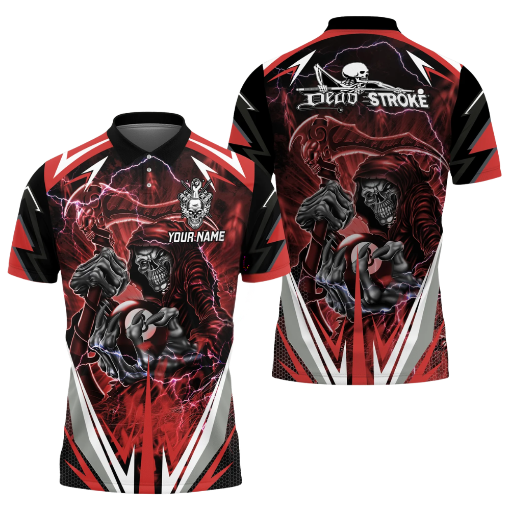 Custom Dead Stroke Skull 8 Ball Mens Blue Billiard Polo Shirt, Custom Skull Billiard Shirts BIZ0310