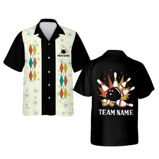 Custom Retro Black And Beige Bowling Hawaiian Shirts For Men, Custom Retro Bowling Team Shirts BE0151