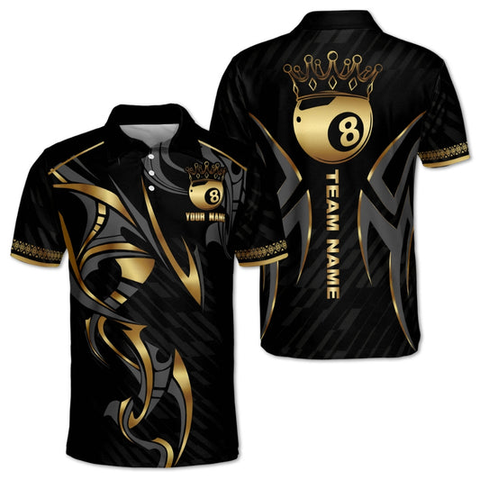 Custom Black And Gold 8 Ball Billiard Polo Shirt For Mens, Custom 8 Ball Pool Team Shirts BIF0001