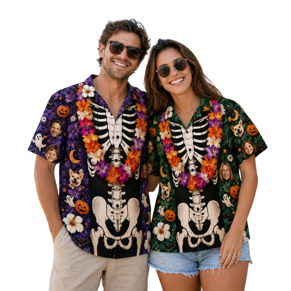 Custom Photo Skeleton Halloween Hawaiian Shirt For Men Women, Custom Halloween Hawaiian Shirt With Photo HE0777