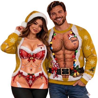 Custom Funny Santa Belly Couple Matching 3D Sweatshirt, Personalized Funny Christmas Matching His And Her Sweater 2D1168