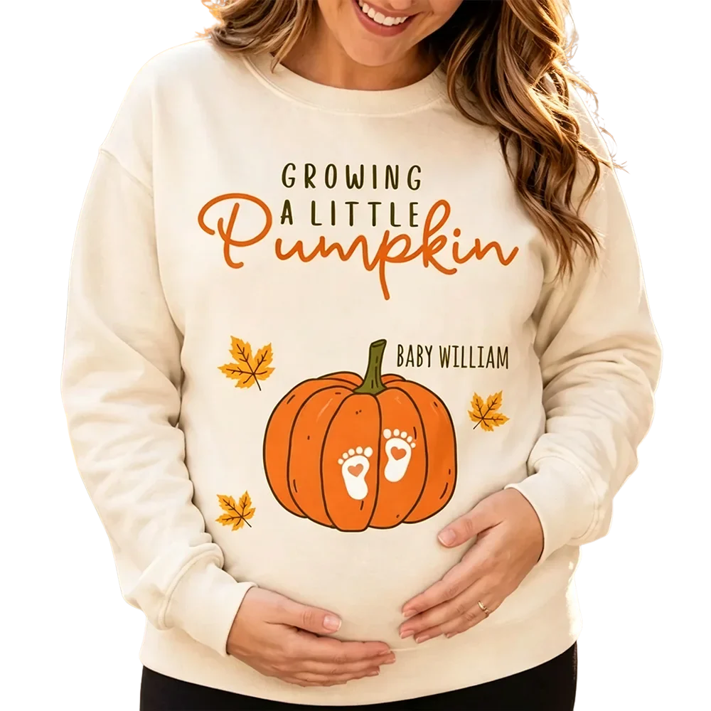 Growing A Little Pumpkin Custom Name Baby Reveal Sweatshirt For Mom Wife, Custom Pregnancy Announcement Thanksgiving Sweatshirt 2D1023