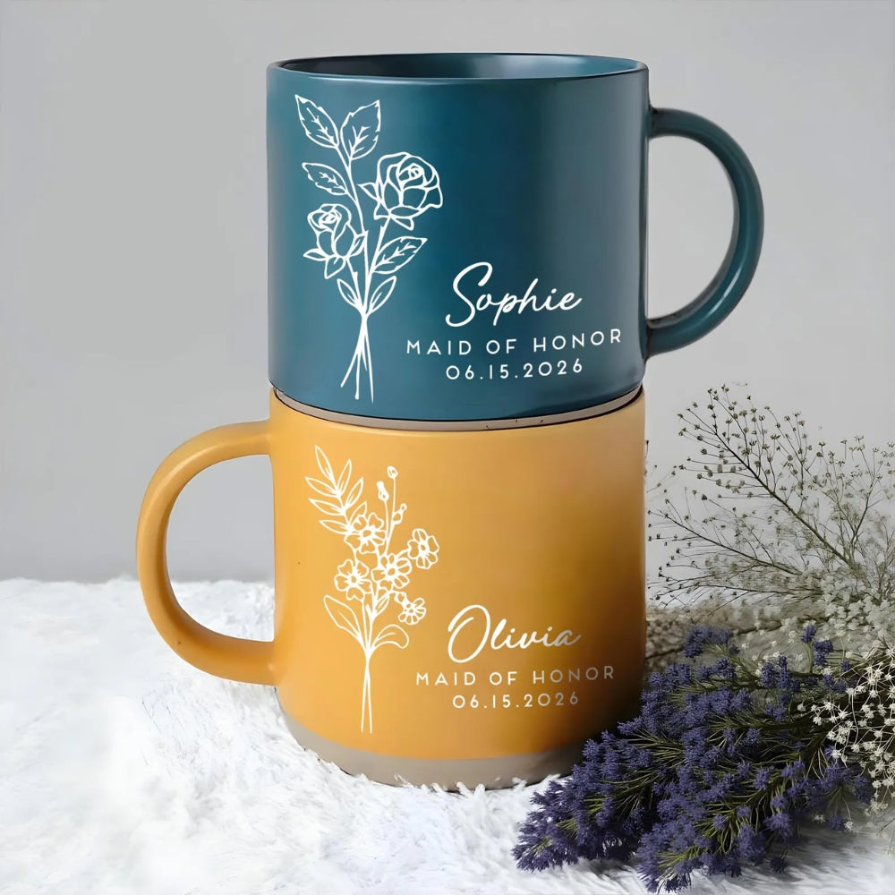 Maid Of Honor Custom Birth Month Flower Pottery Mug, Custom Wedding Mug For Bridesmaid WD0344