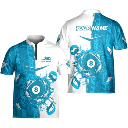 Custom Billiard Jersey Team Shirts, Custom White Blue Break 8 Ball Billiards Team Shirts BIZ0087