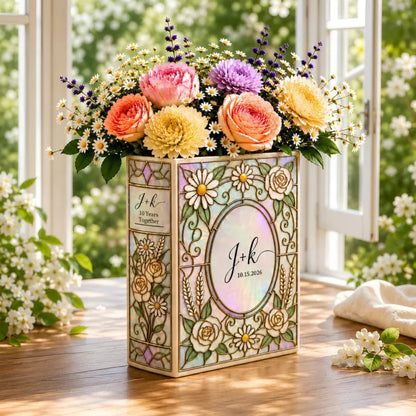 Custom Wedding Stained Glass Daisies Ceramic Book Vase, Custom Couple Initials Wedding Book Vase WD0652