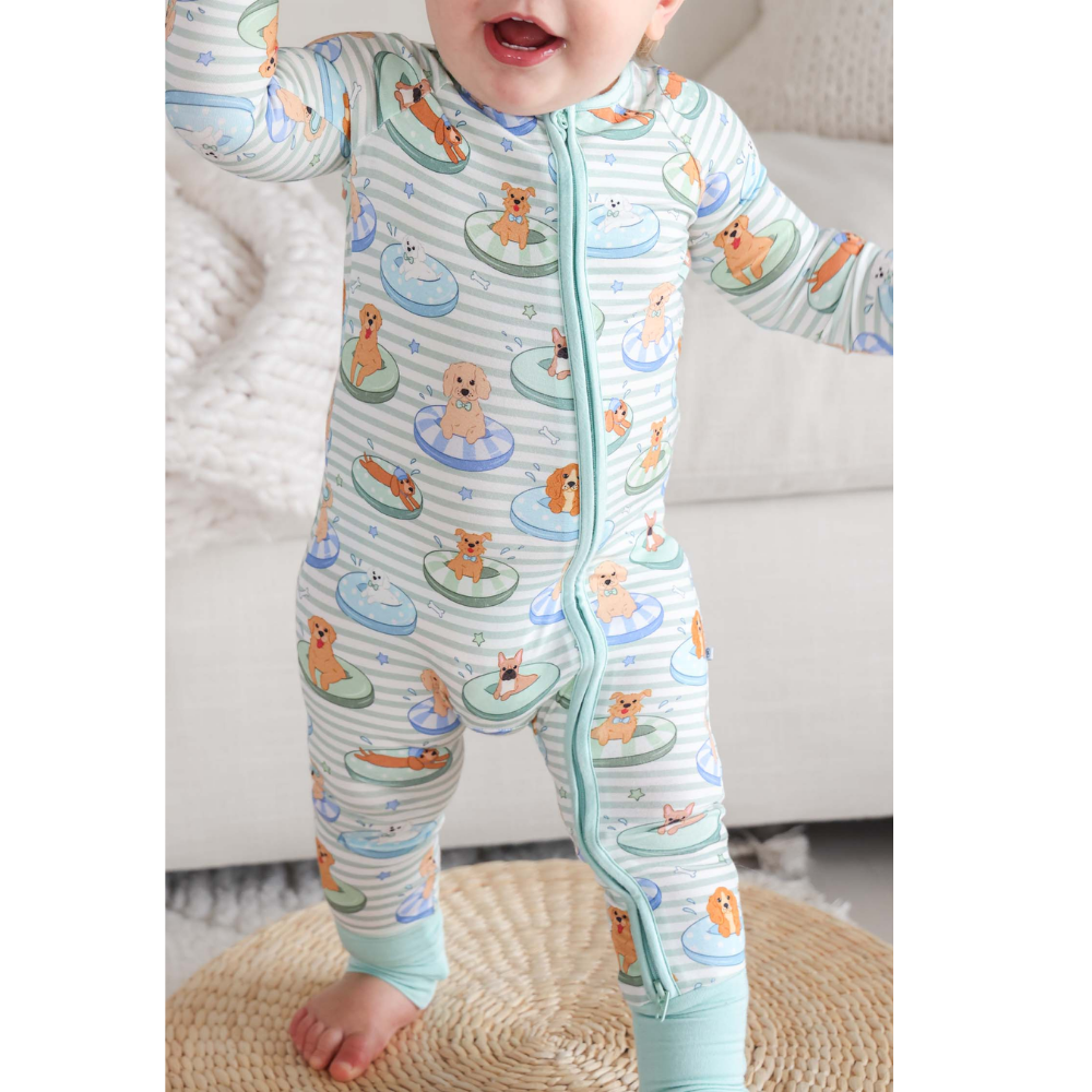 Puppy Pool Party Baby Convertible Zippy Romper, Dog Lover Convertible Romper For Baby BB0840