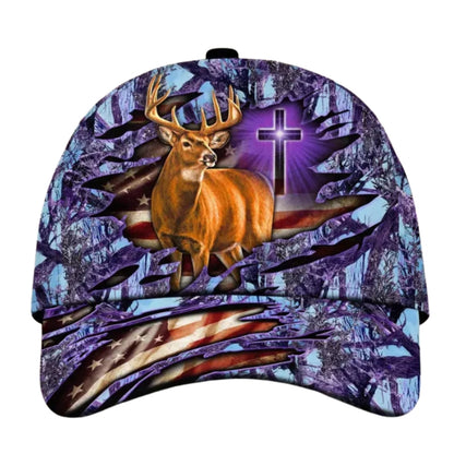 Custom American Cross And Deer White Hunting Cap, Custom Christian Patriotic Deer Hunting Cap CP0342