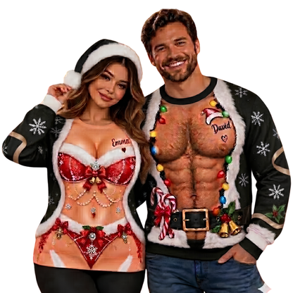 Custom Funny Santa Belly Couple Matching 3D Sweatshirt, Personalized Funny Christmas Matching His And Her Sweater 2D1168