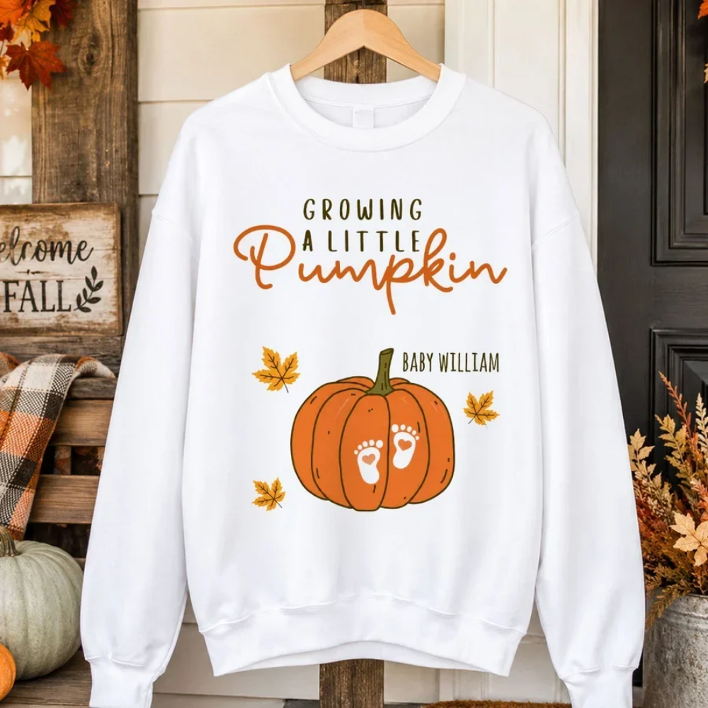 Growing A Little Pumpkin Custom Name Baby Reveal Sweatshirt For Mom Wife, Custom Pregnancy Announcement Thanksgiving Sweatshirt 2D1023