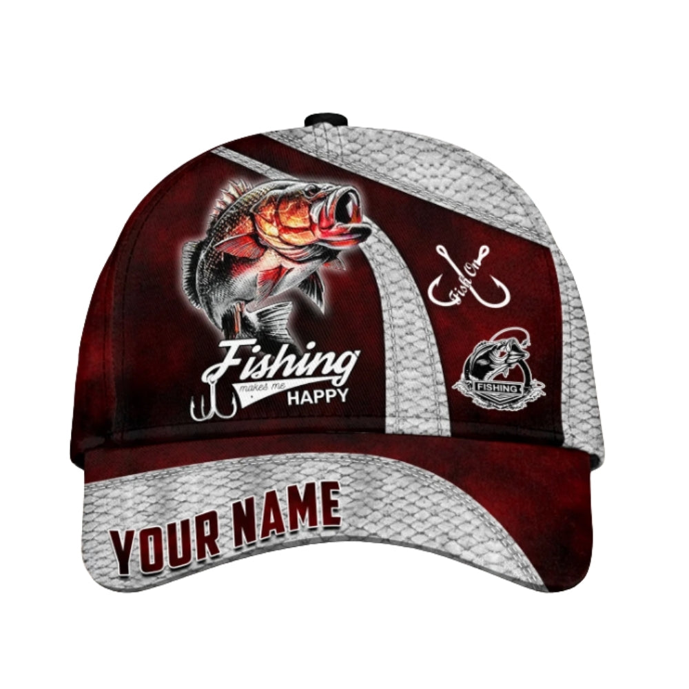 Fishing Makes Me Happy Custom Red Bass Fishing Caps, Custom Fishing Caps CP0343