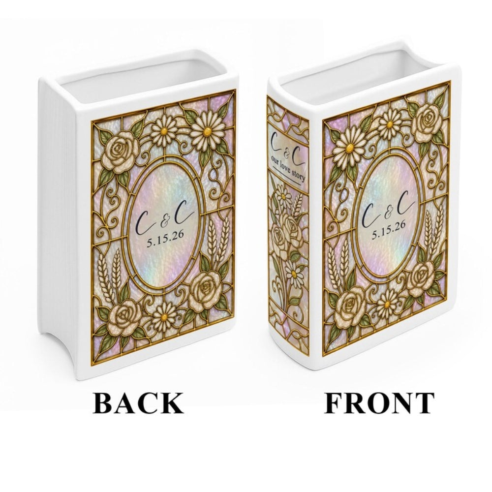 Custom Wedding Stained Glass Daisies Ceramic Book Vase, Custom Couple Initials Wedding Book Vase WD0652