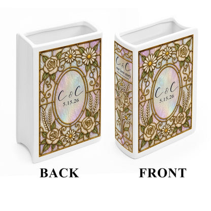 Custom Wedding Stained Glass Daisies Ceramic Book Vase, Custom Couple Initials Wedding Book Vase WD0652
