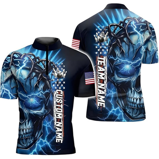Custom Skull Thunder Black And Blue Bowling Jersey For Men, Custom Skull Bowling Team Shirts BE0152