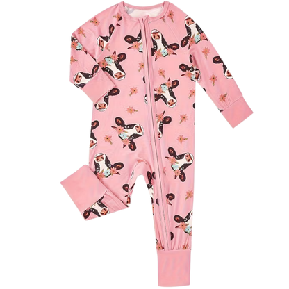 Cow Pink Baby Romper Convertible Zipper, Cow Baby Convertible Romper BB0445