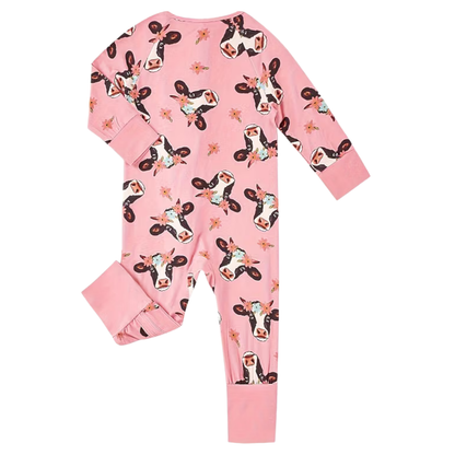 Cow Pink Baby Romper Convertible Zipper, Cow Baby Convertible Romper BB0445