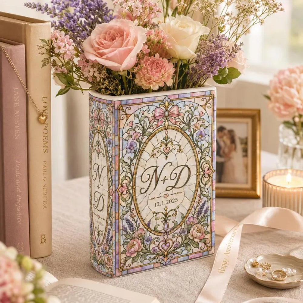 Personalized Wedding Stained Glass Ceramic Book Vase with Couple Initials, Custom Wedding Book Vase WD0653