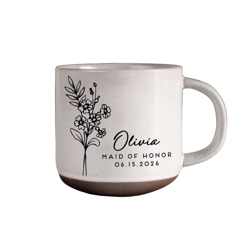 Maid Of Honor Custom Birth Month Flower Pottery Mug, Custom Wedding Mug For Bridesmaid WD0344