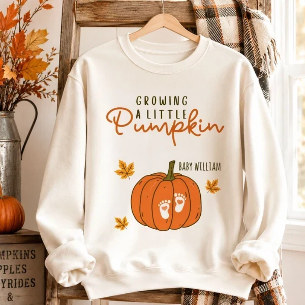 Growing A Little Pumpkin Custom Name Baby Reveal Sweatshirt For Mom Wife, Custom Pregnancy Announcement Thanksgiving Sweatshirt 2D1023