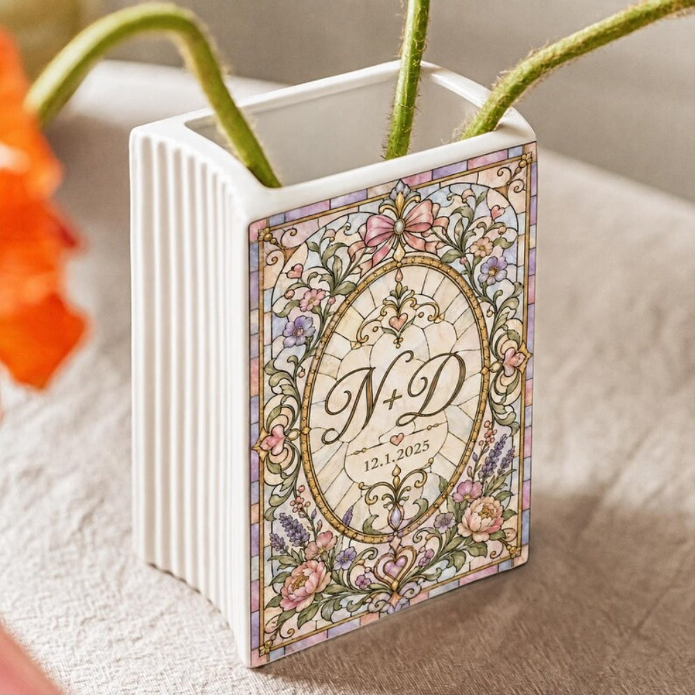 Personalized Wedding Stained Glass Ceramic Book Vase with Couple Initials, Custom Wedding Book Vase WD0653