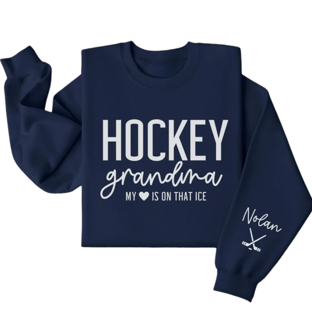 Hockey Grandma My Heart Is On That Ice Custom Grandkid Name Sweatshirt, Custom Hockey Grandmother Sweatshirt 2D1024