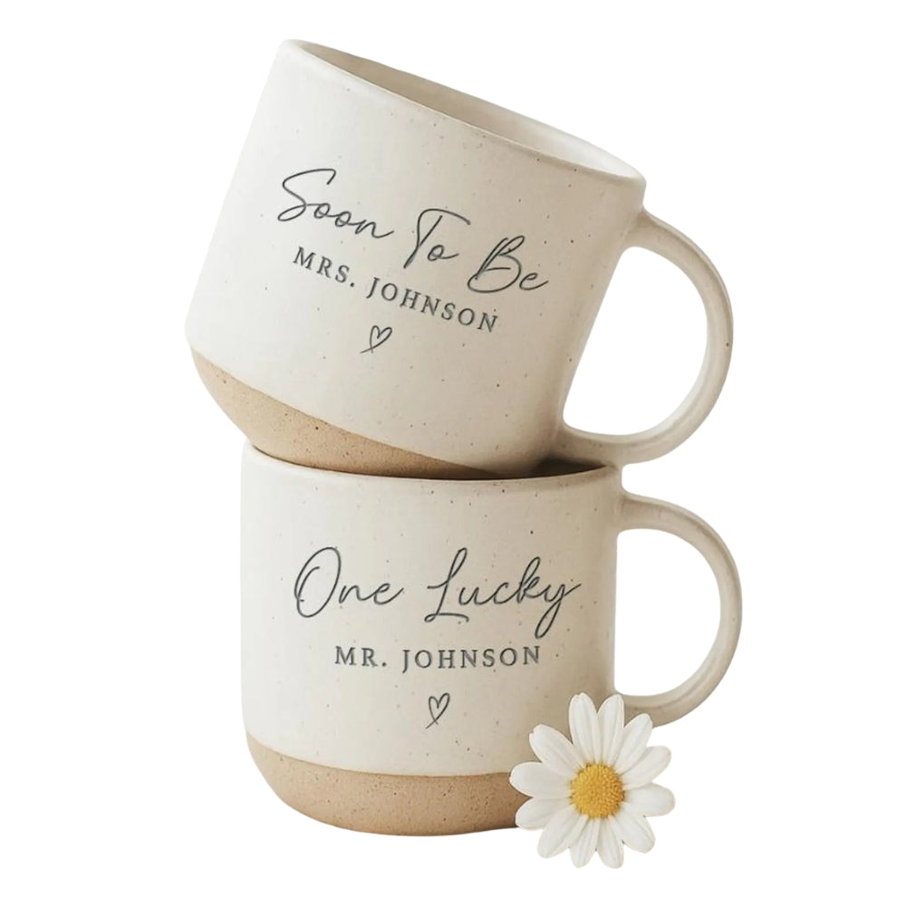 Soon To Be Mrs One Lucky Mr Personalized Engaged Pottery Mug For Couple, Custom Engagement Wedding Mug WD0345