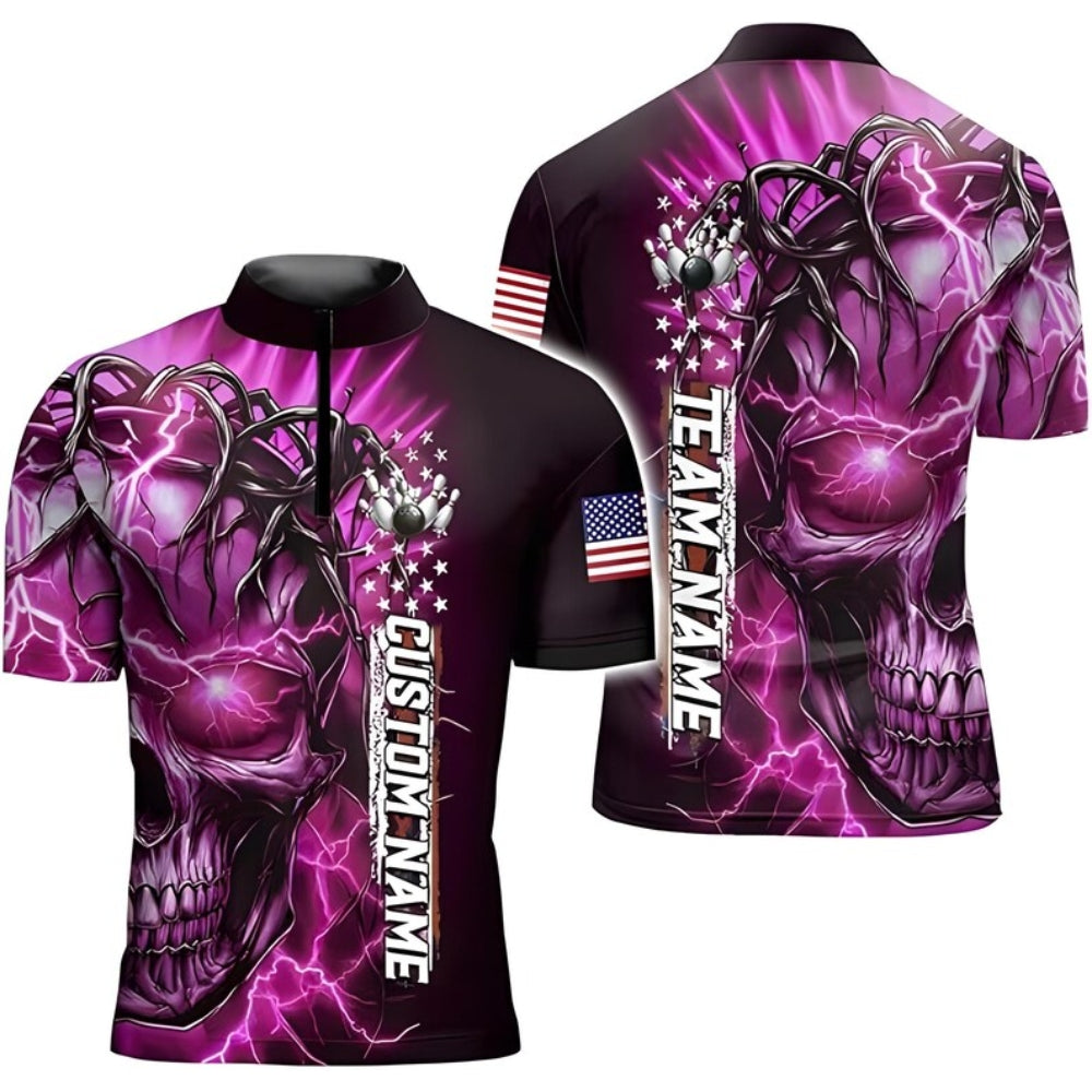 Custom Skull Thunder Black And Blue Bowling Jersey For Men, Custom Skull Bowling Team Shirts BE0152