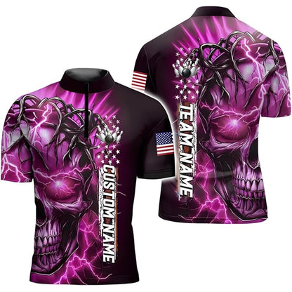 Custom Skull Thunder Black And Blue Bowling Jersey For Men, Custom Skull Bowling Team Shirts BE0152