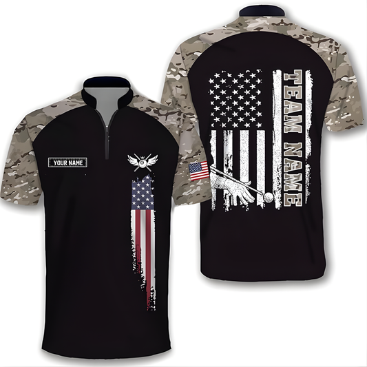 Custom Camo American Flag Billiard Jersey For Men, Custom Patriotic Pool Billiard Team Shirts BIZ0088