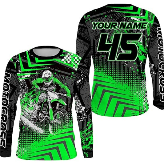 Custom Rider Men's Motocross Long Sleeve Jersey Green, Custom Racing Dirt Bike Shirts MZ0033