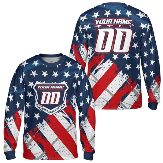 Custom American Flag Motocross Long Sleeve Jersey With Number For Men, Custom Patriotic Dirt Bike Shirts ME0001