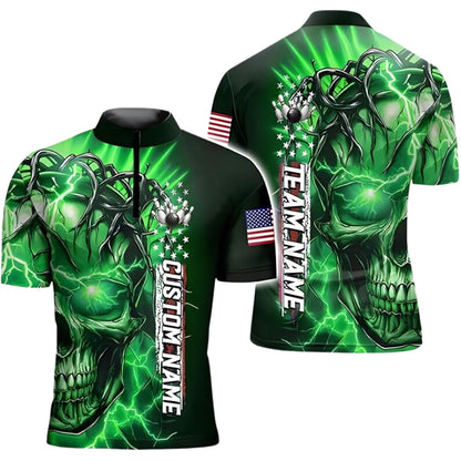 Custom Skull Thunder Black And Blue Bowling Jersey For Men, Custom Skull Bowling Team Shirts BE0152