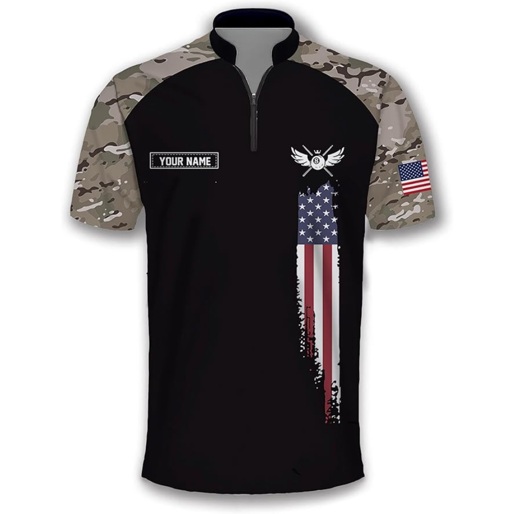 Custom Camo American Flag Billiard Jersey For Men, Custom Patriotic Pool Billiard Team Shirts BIZ0088