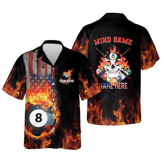 Custom Mind Game Flame Billiard Hawaiian Shirt For Mens, Custom Flame Skull Billiard Team Shirts BIE0025