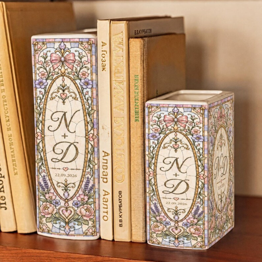 Personalized Wedding Stained Glass Ceramic Book Vase with Couple Initials, Custom Wedding Book Vase WD0653