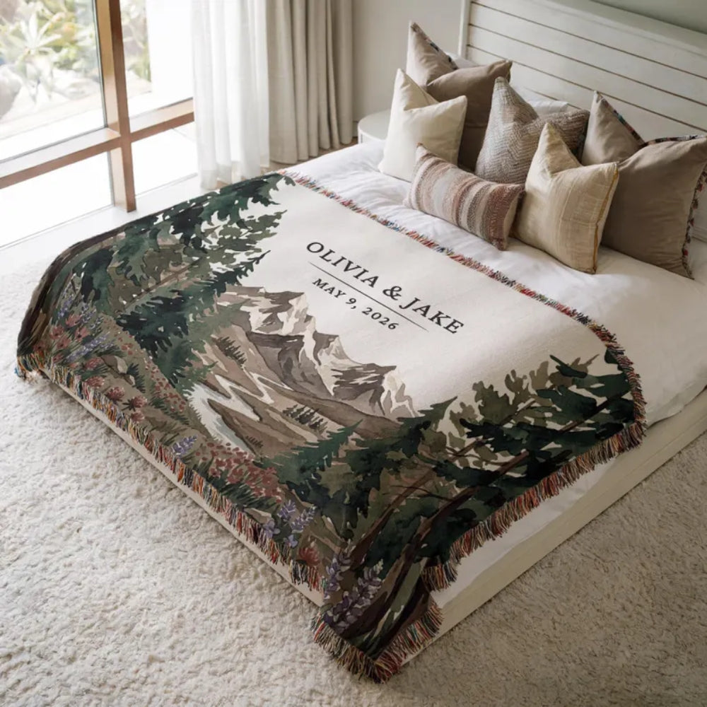 Personalized Mountain Forest Woven Blanket For Couple, Custom Wedding Blanket WD0349