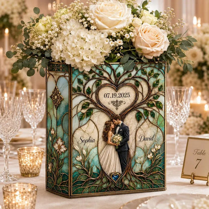 Personalized Wedding Couple Heart Tree Stained Glass Ceramic Book Vase, Custom Stained Glass Wedding Book Vase WD0654