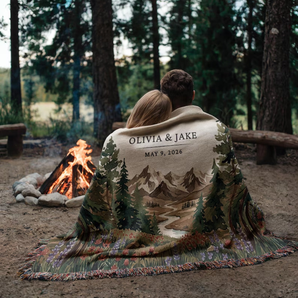 Personalized Mountain Forest Woven Blanket For Couple, Custom Wedding Blanket WD0349