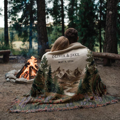 Personalized Mountain Forest Woven Blanket For Couple, Custom Wedding Blanket WD0349
