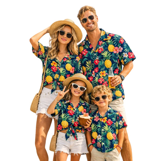 Pineapple Hibiscus Tropical Hawaiian Family Matching Shirts, Pineapple Hawaiian Family Shirts ET0892