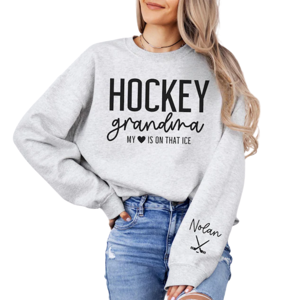 Hockey Grandma My Heart Is On That Ice Custom Grandkid Name Sweatshirt, Custom Hockey Grandmother Sweatshirt 2D1024