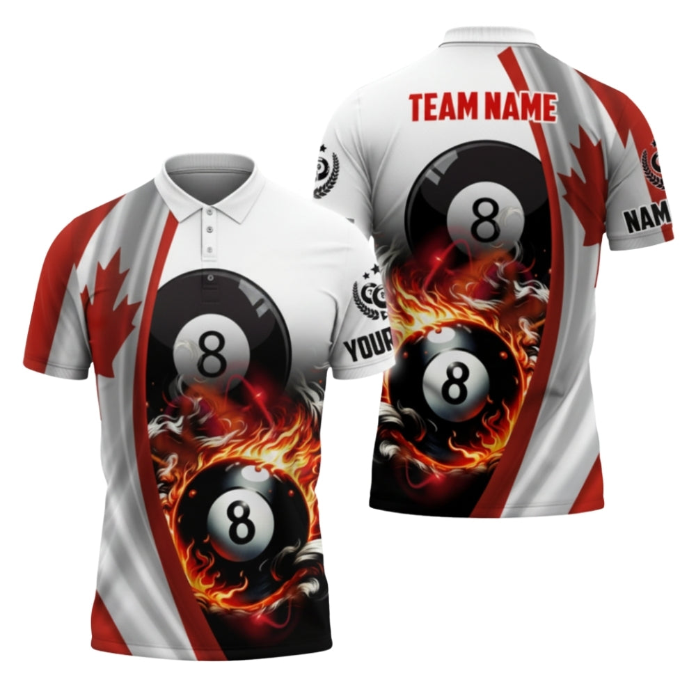 Custom Canada Flag Flaming 8 Ball Billiard Men's Polo Shirt, Custom Canada Billiard Team Shirts BIZ0286