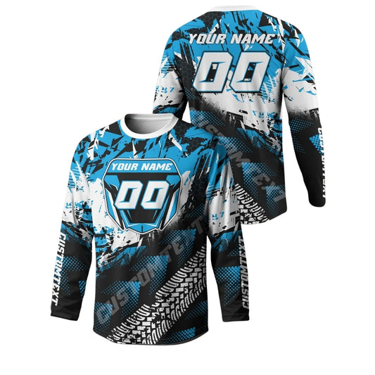 Custom Number Blue And White Motocross Long Sleeve Shirt Mens, Custom Motocross Shirts ME0002