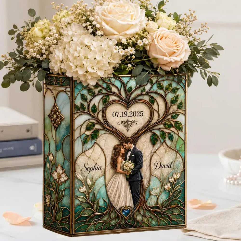 Personalized Wedding Couple Heart Tree Stained Glass Ceramic Book Vase, Custom Stained Glass Wedding Book Vase WD0654
